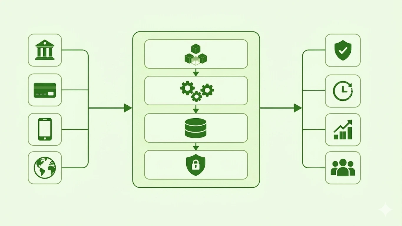 Flowchart showing software architecture layers improving financial system security reliability and performance