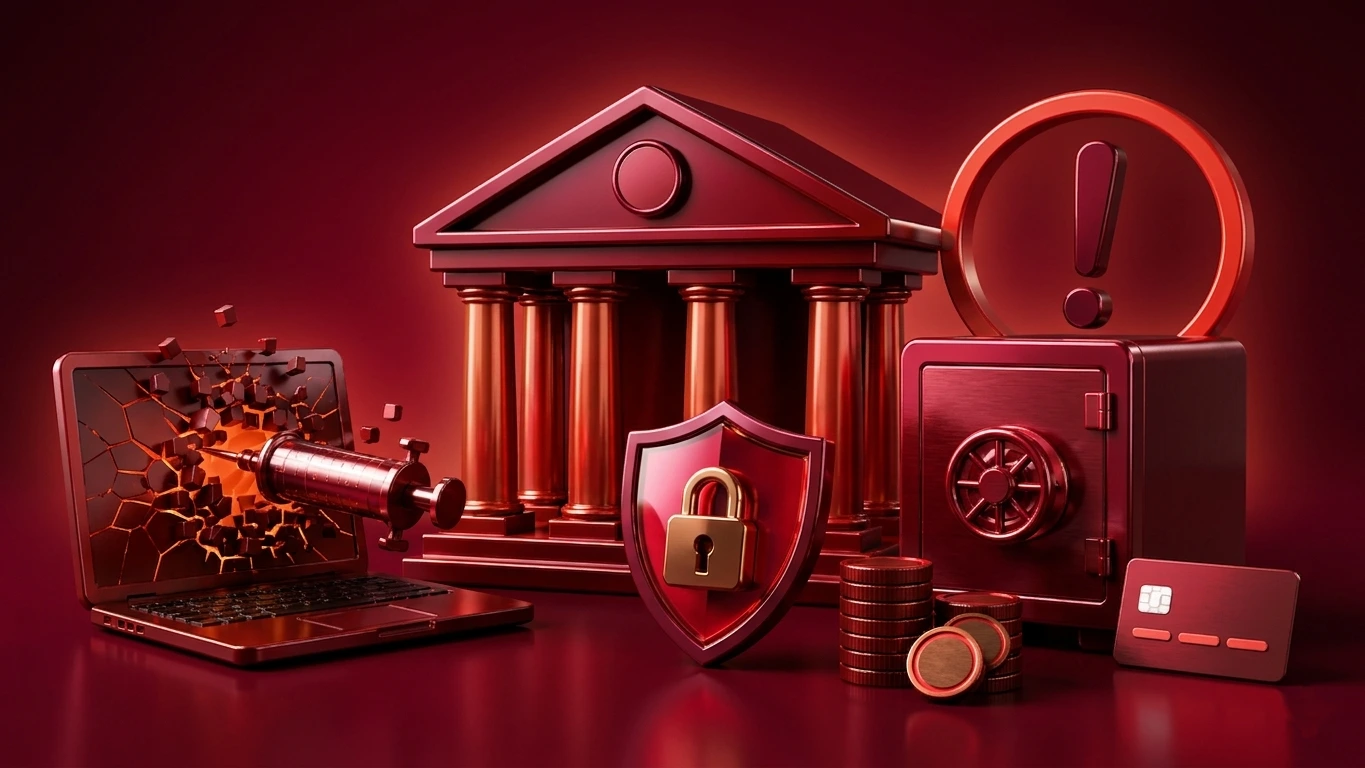 Red theme banking icons with a broken laptop showing a cyber threat like SQL injection.