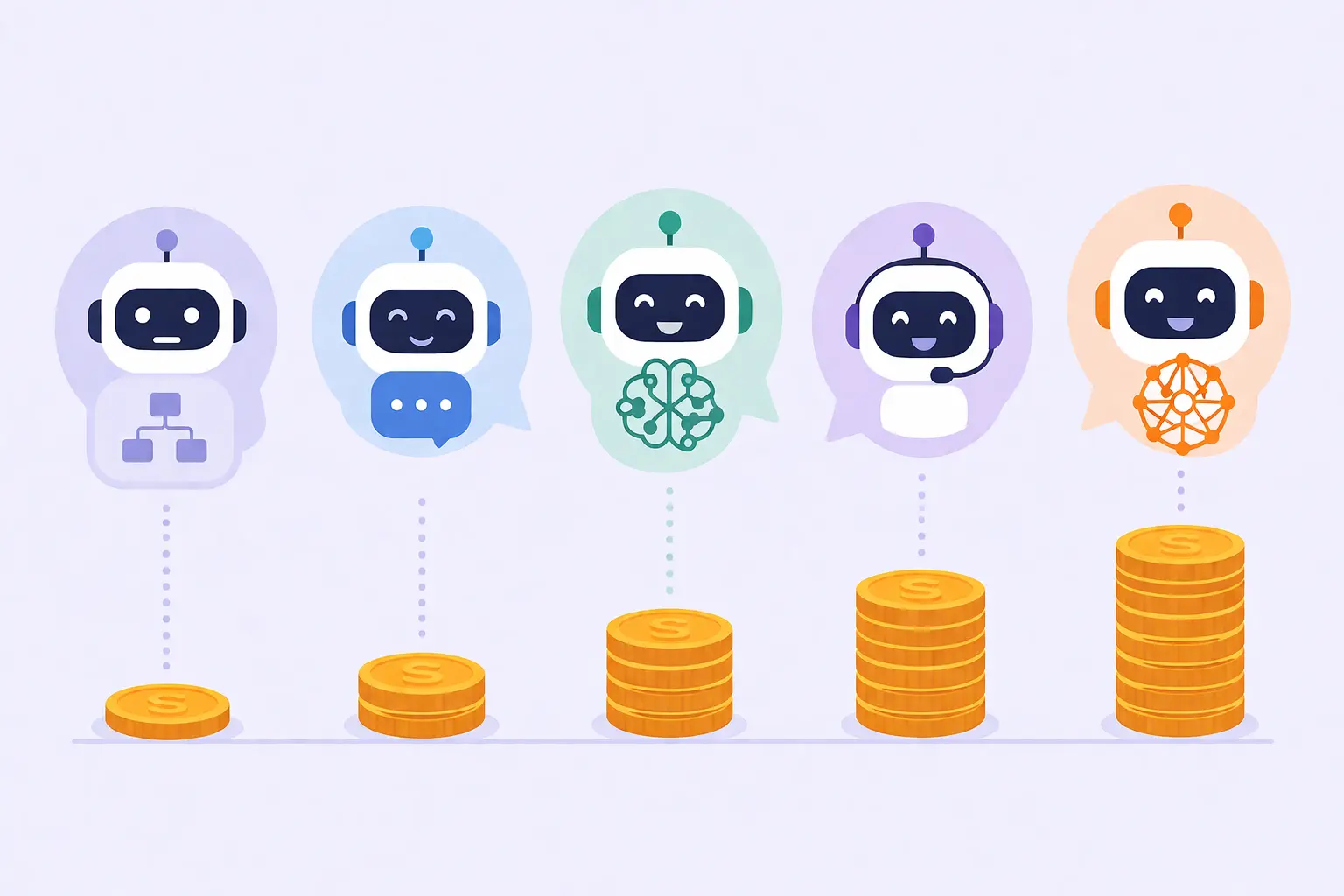 AI chatbot cost illustration showing simple bot types with increasing cost visually