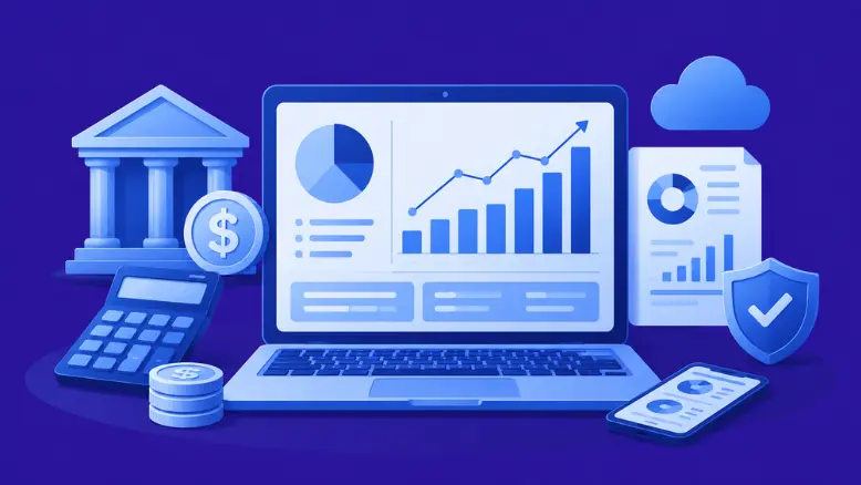 Laptop with financial software charts, a bank icon, and tools for modern financial services.