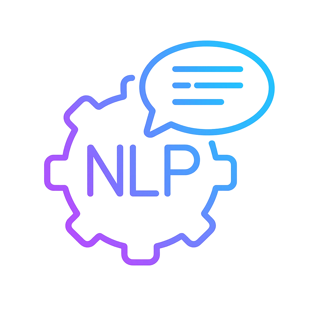 Gradient icon of a head with 'NLP' text and a speech bubble, representing Natural Language Processing