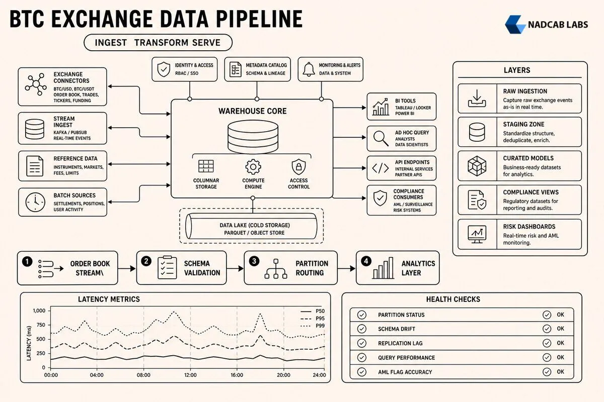 Bitcoin Exchange Data Warehousing Architecture Operations — technical process flow chart