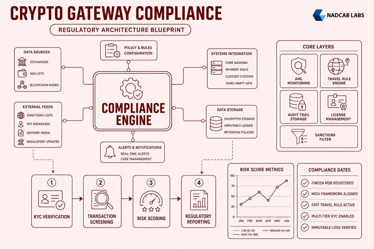 Crypto Payment Gateway Compliance Regulatory Requirements — labelled architecture diagram