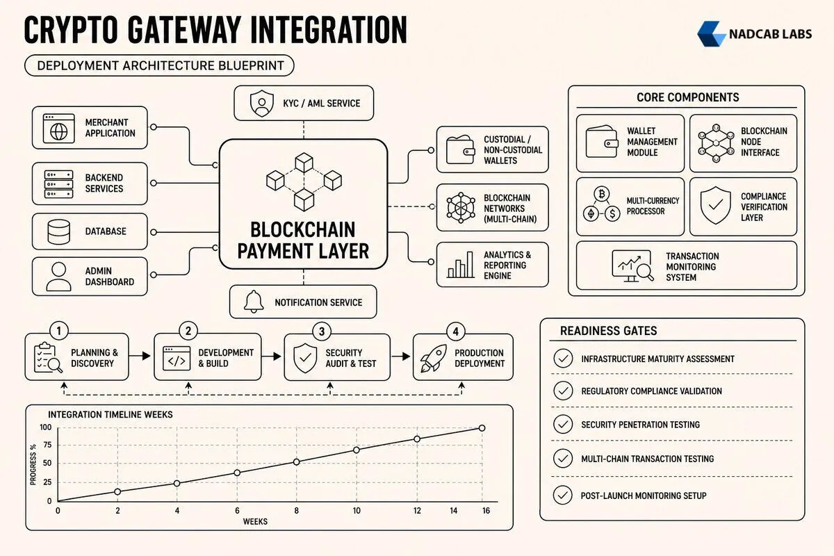 Crypto Payment Gateway Integration Timeline Phase — labelled architecture diagram