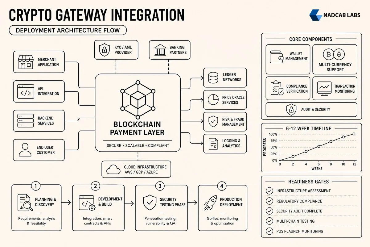 Crypto Payment Gateway Integration Timeline Phase — technical process flow chart