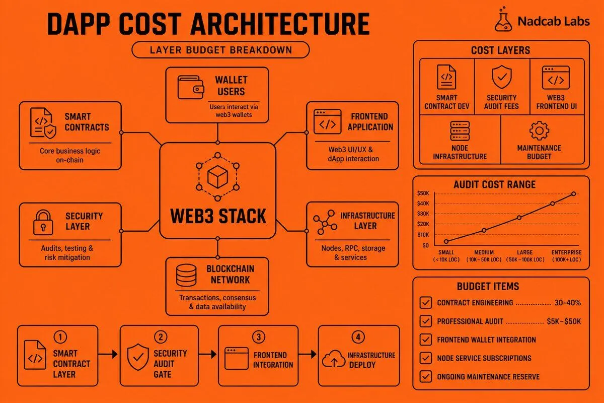 Dapp Development Cost Breakdown Architecture Layers — technical process flow chart
