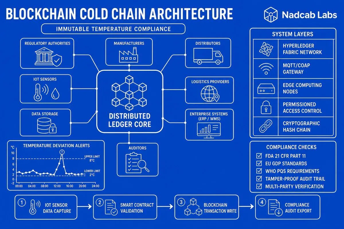 Blockchain Ensures Cold Chain Compliance Architecture — technical process flow chart