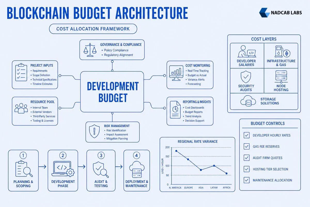 Budget Blockchain Development Detailed Cost Framework โ labelled architecture diagram