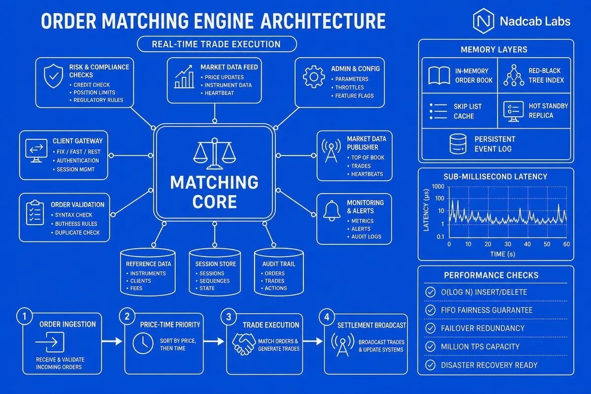 Design High Performance Order Matching Engine — labelled architecture diagram