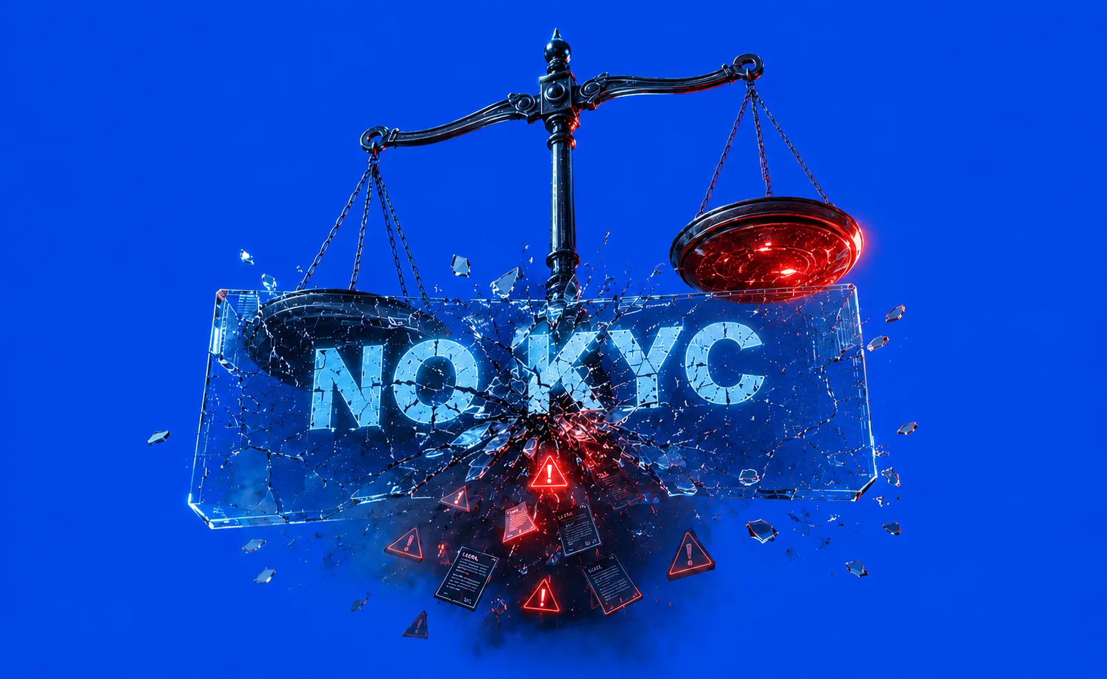 Hyperliquid no-KYC access gateway with regulatory gavel and courthouse warning — DeFi compliance risk illustration