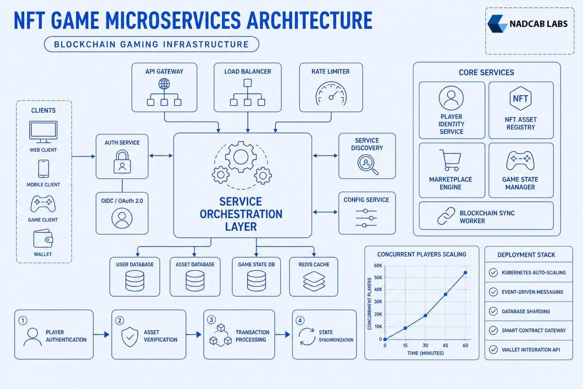 Microservices Architecture Patterns Scaling Nft Game — technical process flow chart