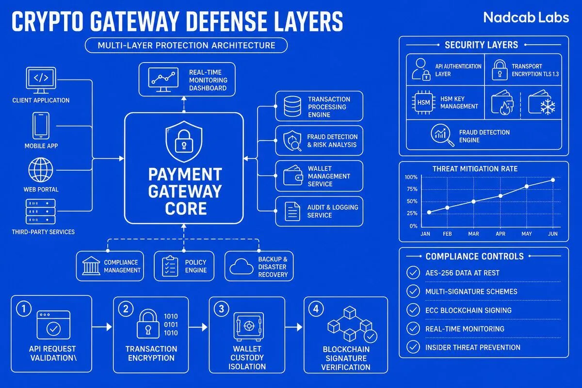 Crypto payment gateway security architecture — labelled architecture diagram with workflow steps