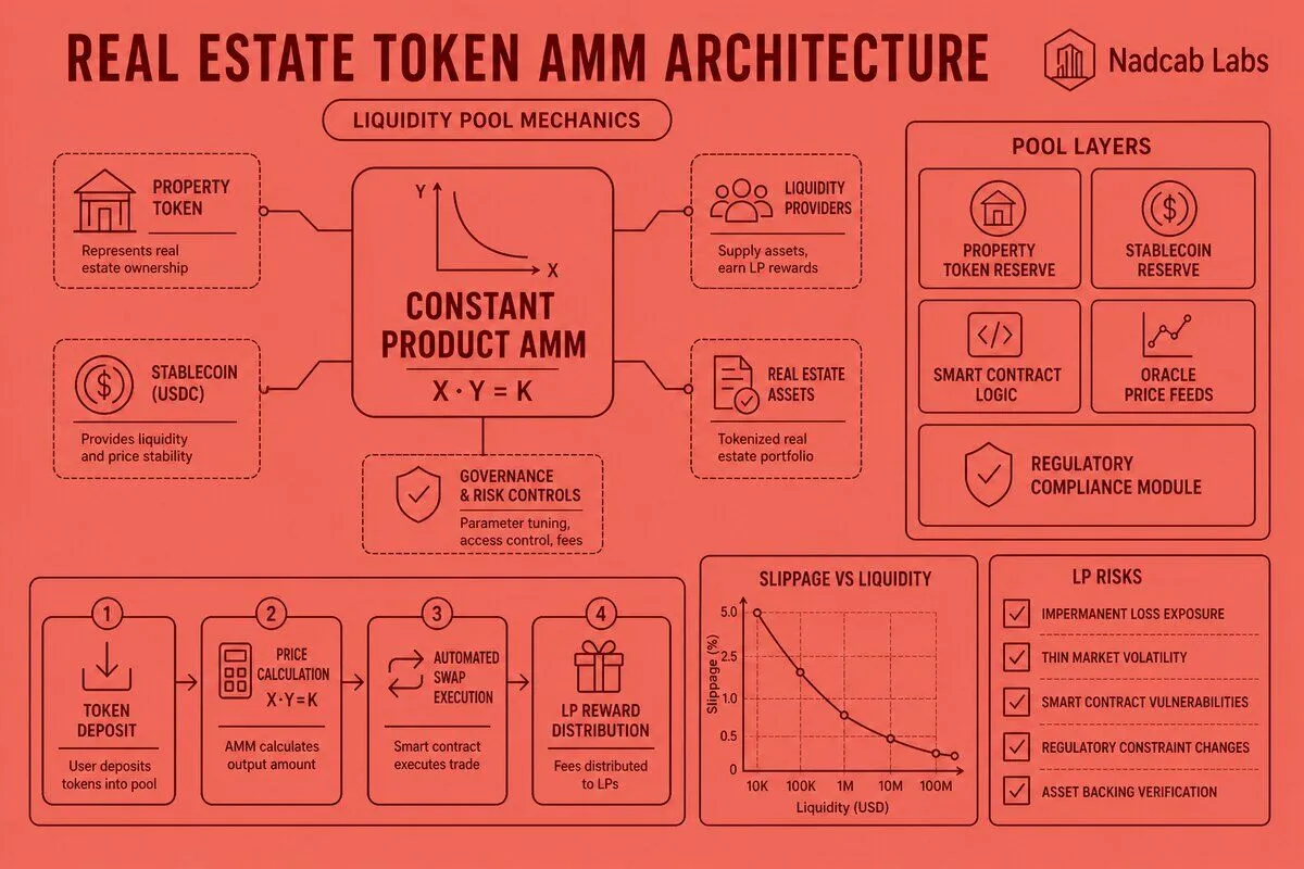 Real Estate Token Liquidity Pool Mechanics — labelled architecture diagram