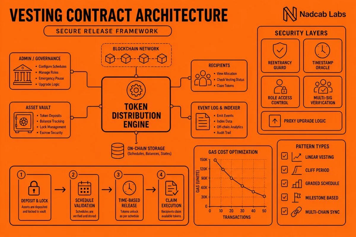 Token Vesting Smart Contract Architecture Design — technical process flow chart