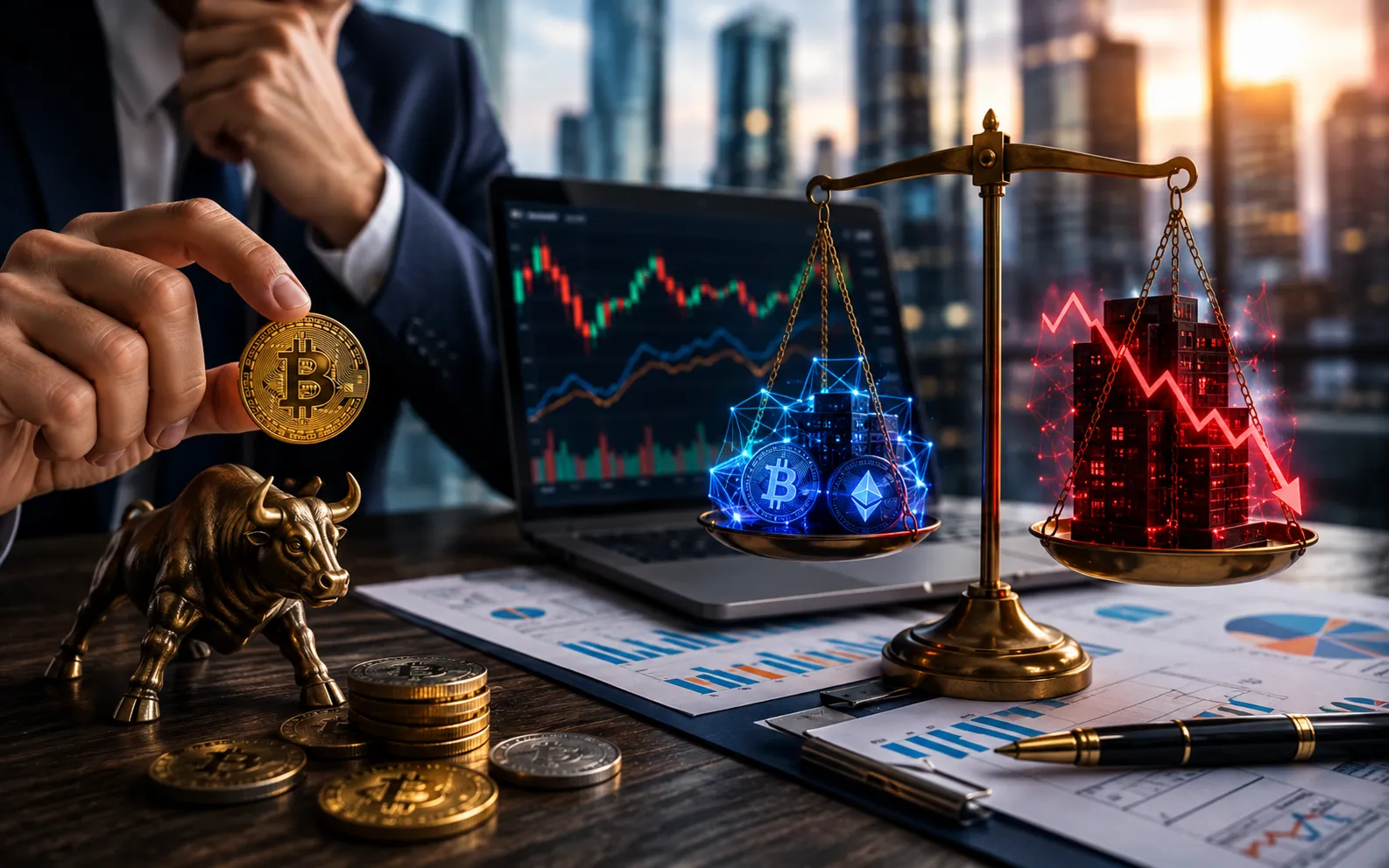 Crypto stocks like Coinbase, Circle, MicroStrategy and Robinhood shown against a Bitcoin coin, representing higher volatility than Bitcoin in 2026